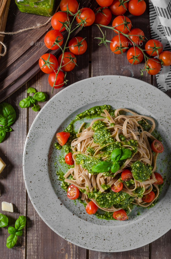 Pasta with basil pesto and parmesan Stock Photo by PeteerS PhotoDune